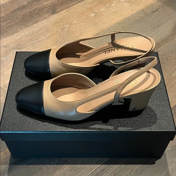 38.5 CHANEL Black and Tan Cap Toe Heels - Picture 2 of 5